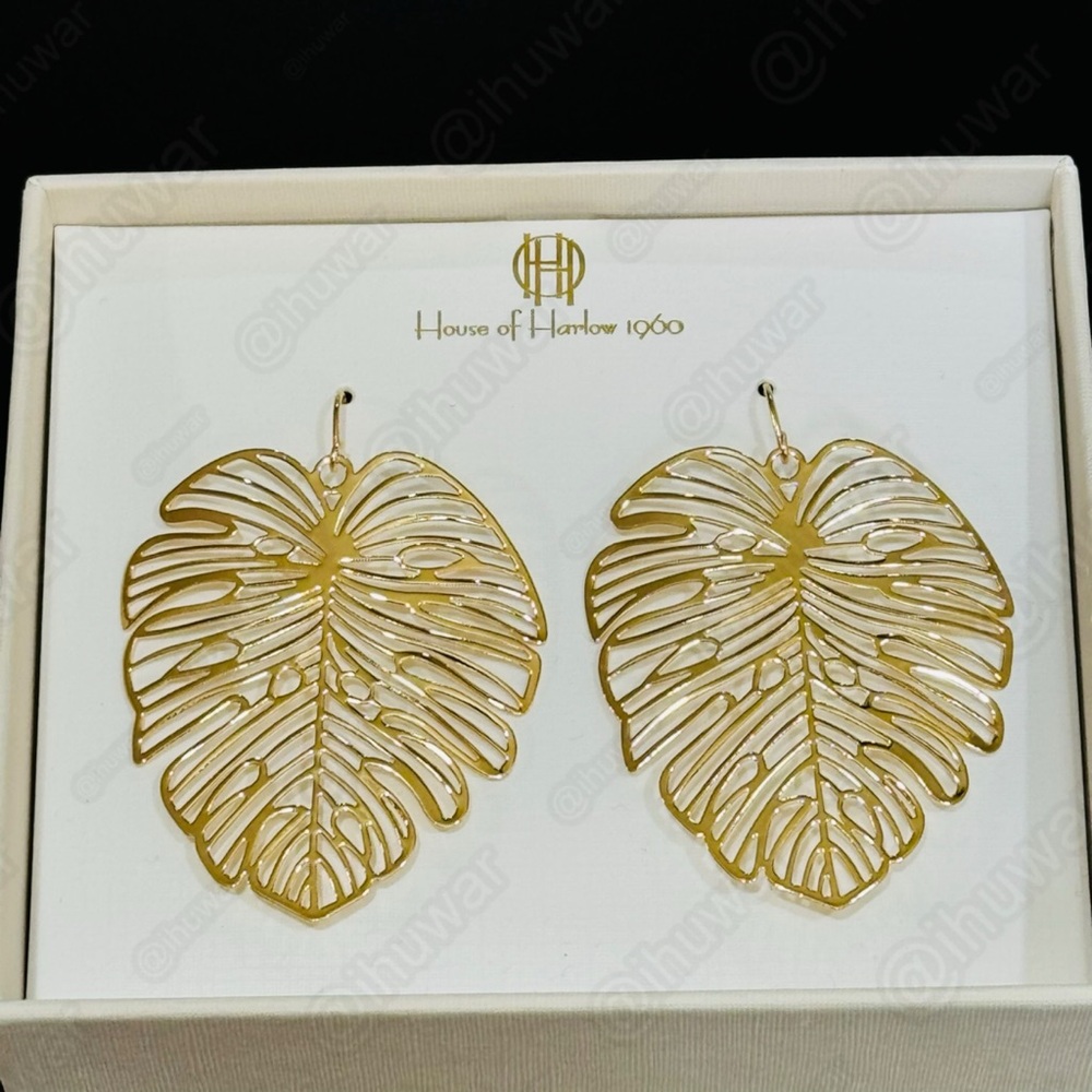 HOUSE OF HARLOW 1960 Gold Tone Palm Leaf Dangle Earrings - Picture 4 of 13